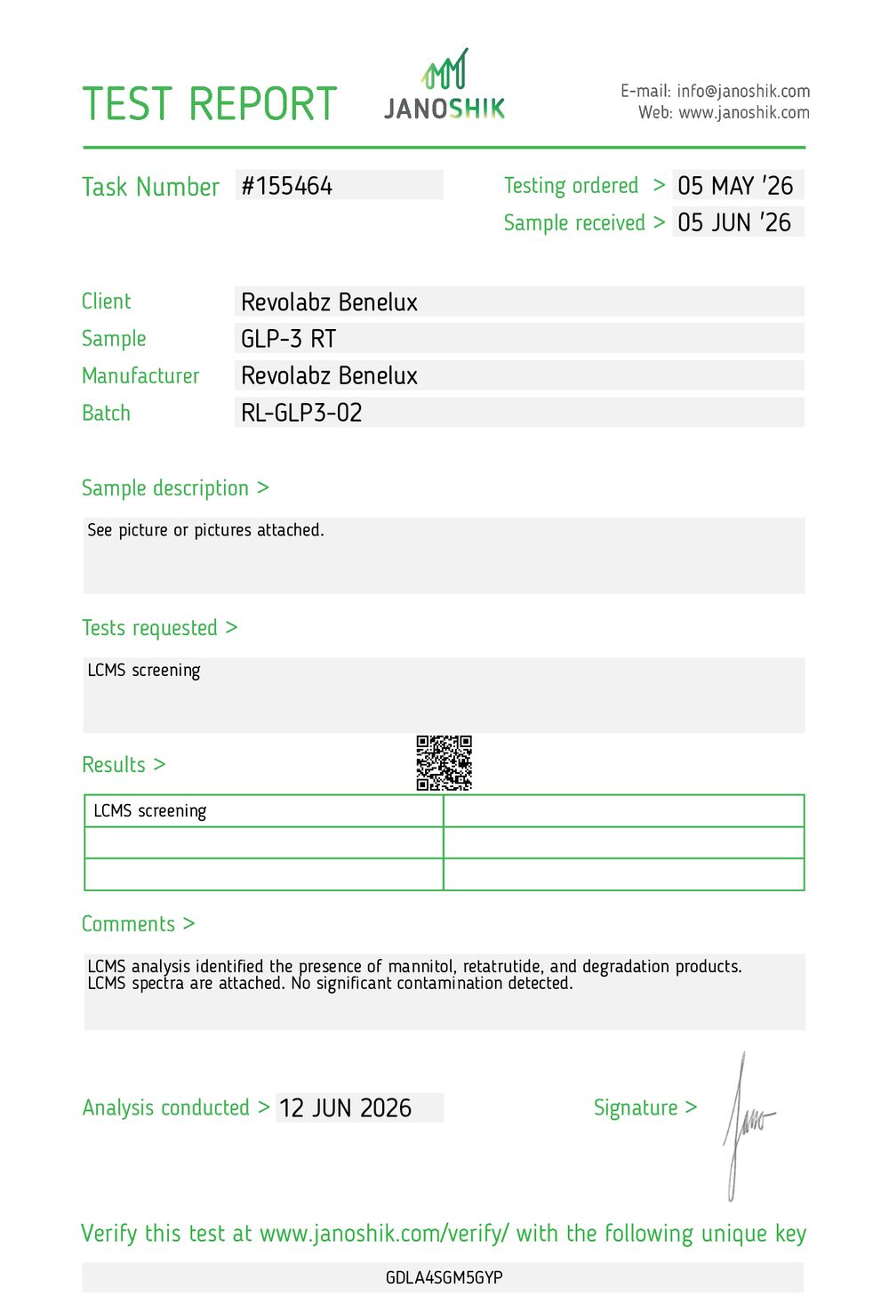 GLP-3 RT (Retatrutide) Janoshik COA 12 Jun 2026