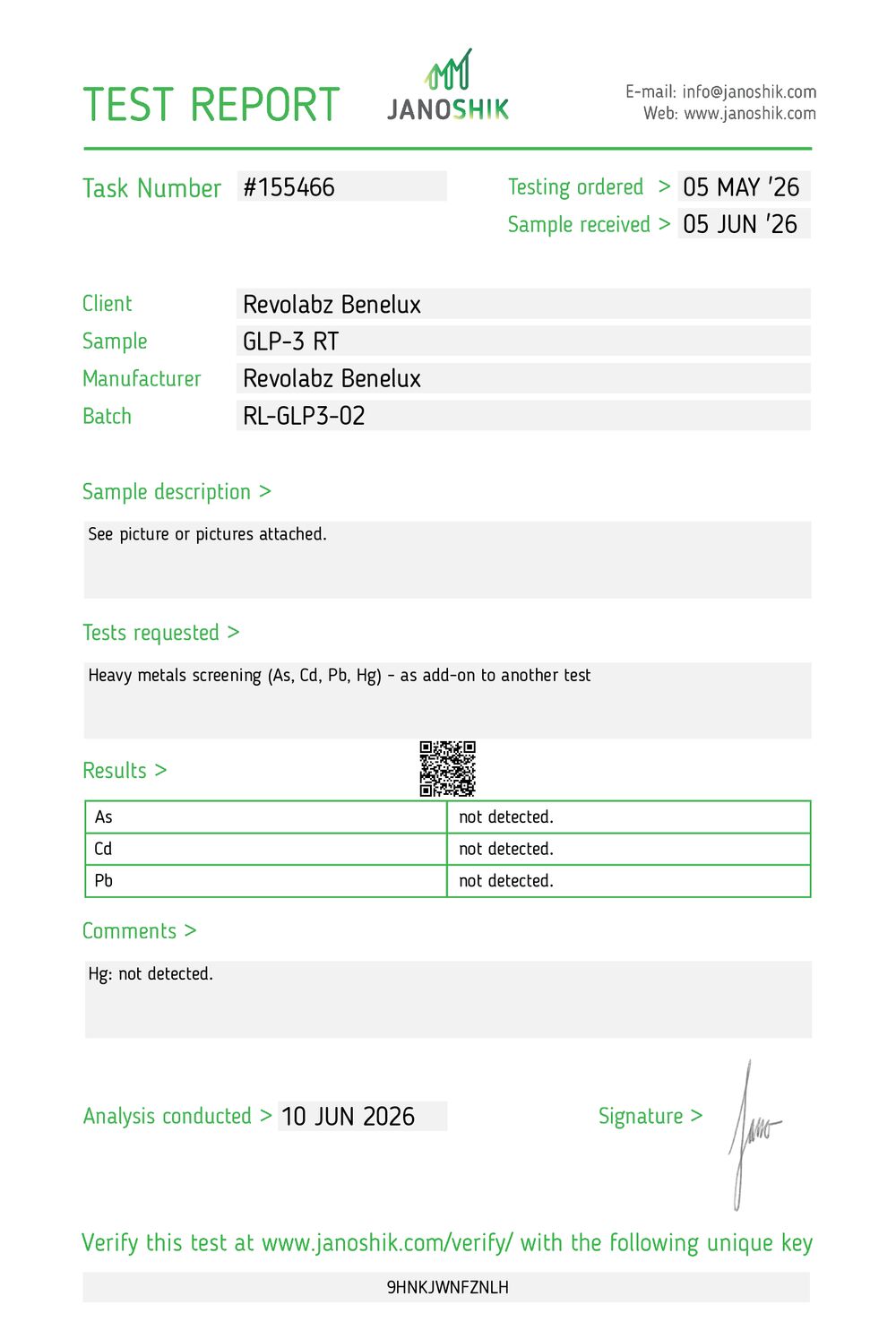 GLP-3 RT (Retatrutide) Janoshik COA 10 Jun 2026
